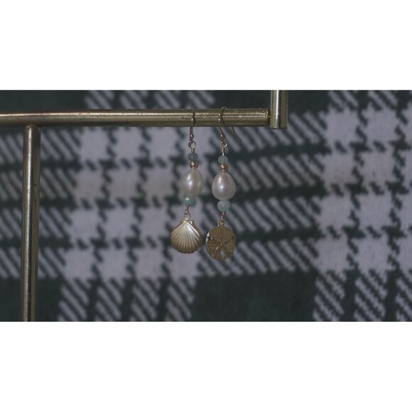 Gold Shell Pendant Freshwater Pearl Earrings - Picture 1 of 6